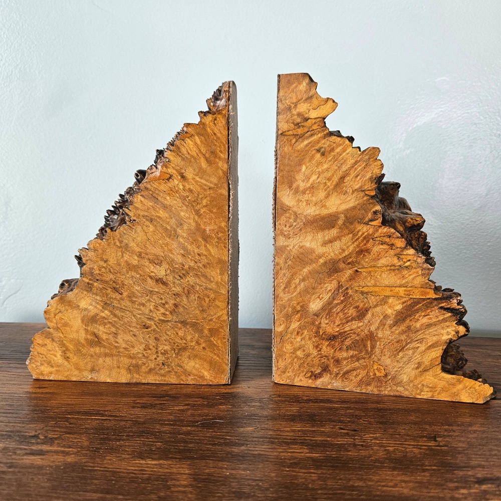 Vintage Live Raw Edge Burl Wood Bookends Natural Handcrafted Pair Rustic *FLAW*